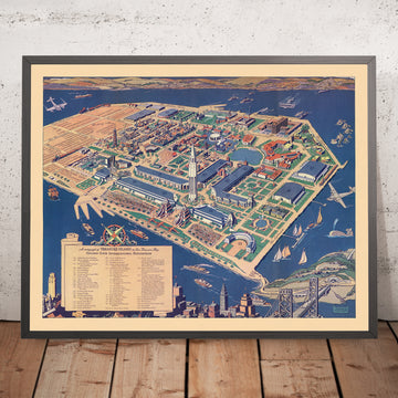 Alte Karte von Treasure Island & der Golden Gate International Exposition, 1939: Turm der Sonne, Gericht der sieben Meere, Kalifornisches Gebäude, Bay Bridge, San Francisco 