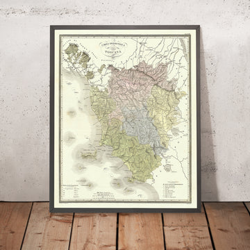 Old Geometrical Map of Tuscany by Marmocchi, 1839: Florence, Pisa, Livorno, Siena, Arezzo