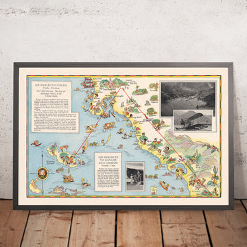 Carte picturale de la route aérienne de Los Angeles à Catalina, 1929 : Western Air Express, Casino Resort, Fokker tri-moteur, Santa Monica, Pasadena 