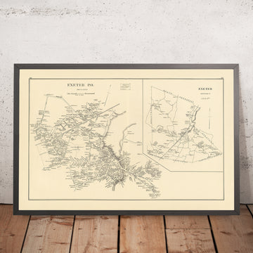 Antica mappa di Exeter, NH, 1892: Municipio, stazione ferroviaria, Main St, cimiteri, inserto della contea di Rockingham 