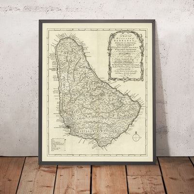 Alte Karte von Barbados von Jefferys, 1750: Pfarreien, Zuckermühlen, Kirchen, Flüsse, Festungen