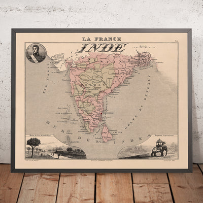 Old Map of "French India" by Vuillemin, 1869: French Enclaves, Pondicherry, Chandannagar, Mahé, Bay of Bengal