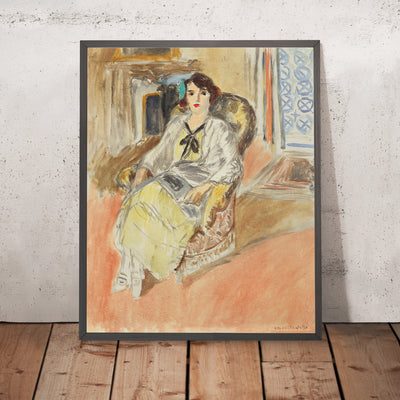 A framed image of Jeune fille assise, robe jaune (Seated young girl, yellow dress) by Henri Matisse, 1912