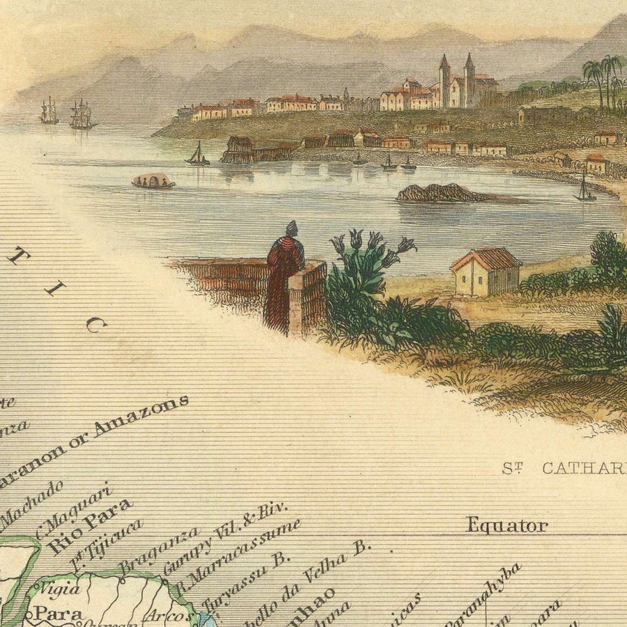 Vecchia mappa del Brasile di Tallis, 1851: Fiume Amazzoni, Rio de Janeiro, San Paolo, Salvador, Costa Atlantica 