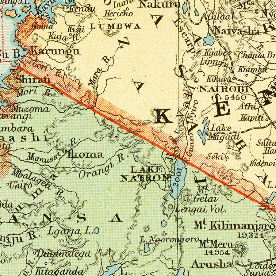 Alte koloniale Karte von Kenia, Uganda, Ruanda und Tansania von Edward Stanford, 1926: Nairobi, Kampala, Viktoriasee, Kilimandscharo, Uganda-Bahn 