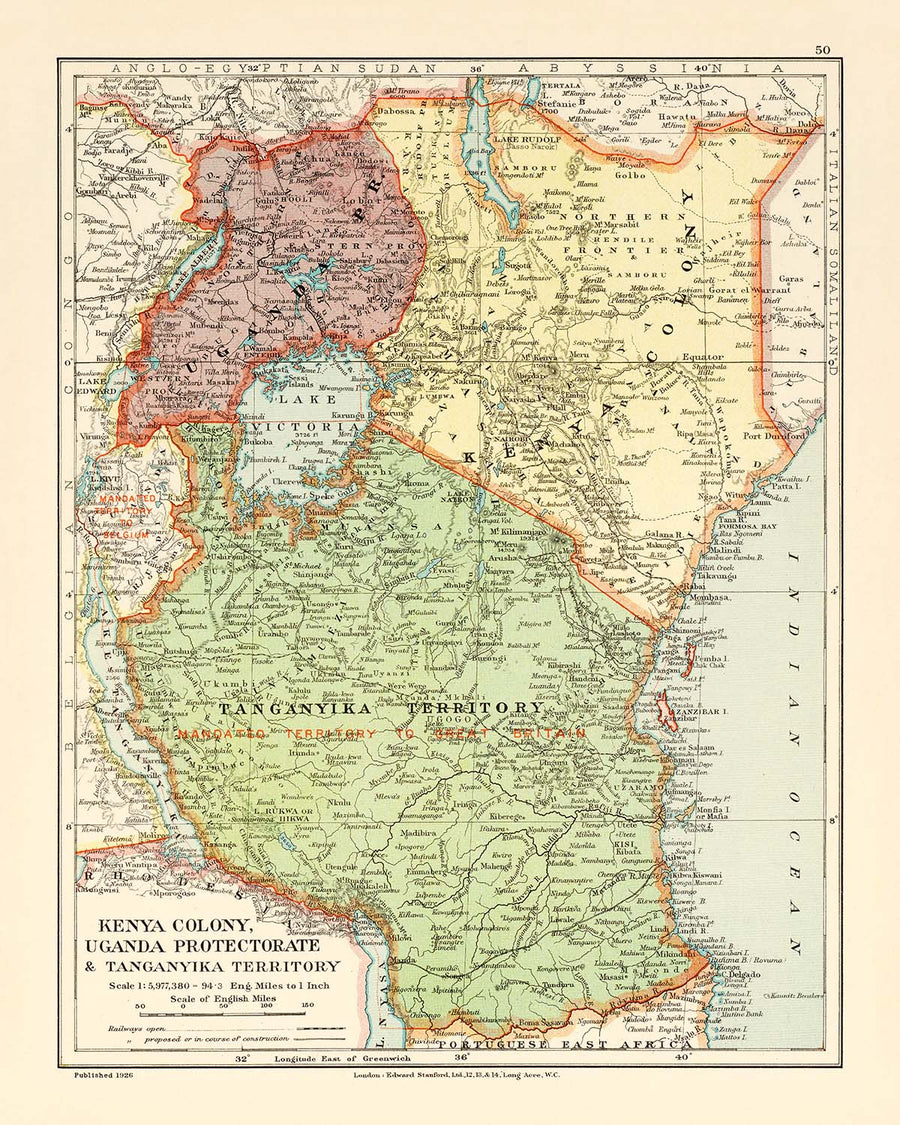 Alte koloniale Karte von Kenia, Uganda, Ruanda und Tansania von Edward Stanford, 1926: Nairobi, Kampala, Viktoriasee, Kilimandscharo, Uganda-Bahn 
