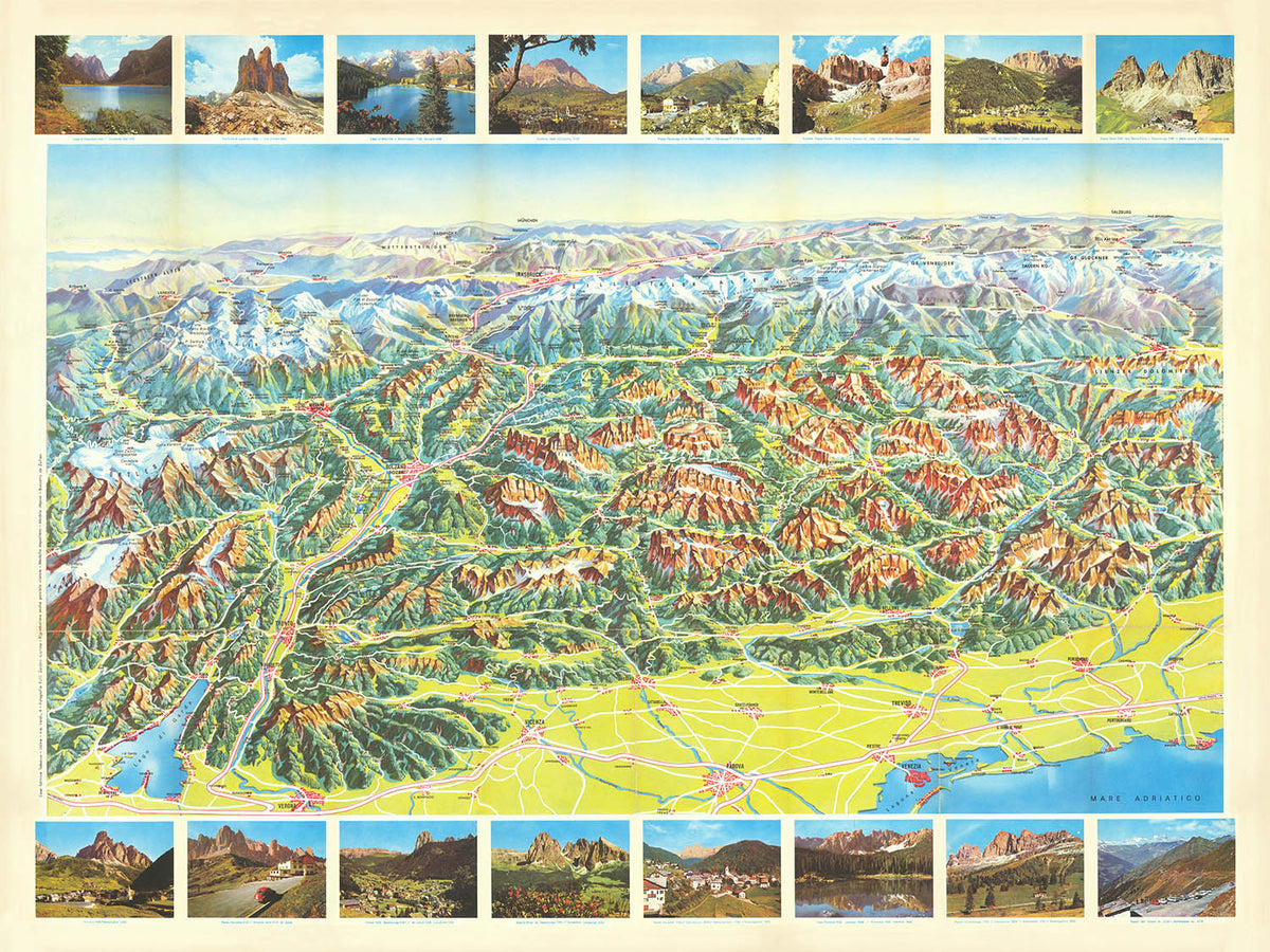 Antica mappa pictorial del Tirolo Dolomiti, 1973: Grande Strada delle Dolomiti, Cortina, Bolzano, Merano, Tre Cime 