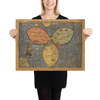 Old Cloverleaf World Map with Jerusalem in the Middle by Bunting, 1582 ...