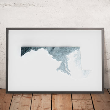 Ein gerahmtes Bild einer topografischen Reliefkarte von Maryland im 3D-Stil