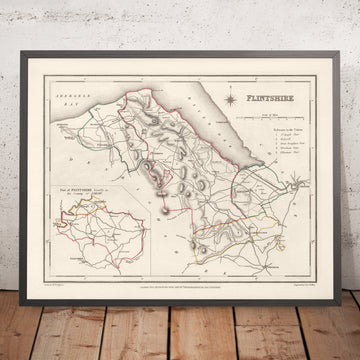 Old Map of Flintshire, Wales by Lewis, 1844: Flint, Mold, Holywell, Dee Estuary, Clwydian Hills