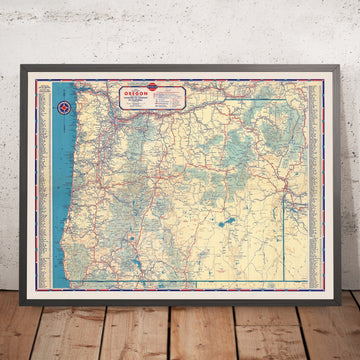 Old Road Map of Oregon, 1935: Portland, Salem, Eugene, Crater Lake NP, Bend