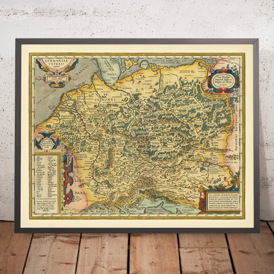 Mappa antica della Germania e della Polonia di Ortelius, 1624: Reno, Danubio, Mare del Nord, Foreste 