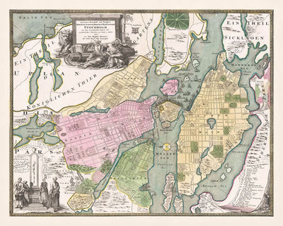 Mapa antiguo de Estocolmo de Homann, 1720: Palacio Real, Riddarholmen, Mälaren, Djurgården, Skeppsbron