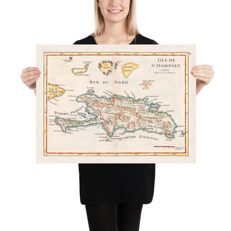 Old Map of Haiti and Dominican Republic by Le Rouge, 1748: Santo Domingo, Les Cayques, Turks & Caicos