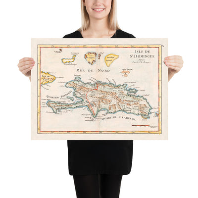 Old Map of Haiti and Dominican Republic by Le Rouge, 1748: Santo Domingo, Les Cayques, Turks & Caicos