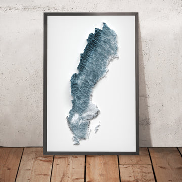 Una imagen enmarcada de un mapa topográfico en relieve en estilo 3D de Suecia