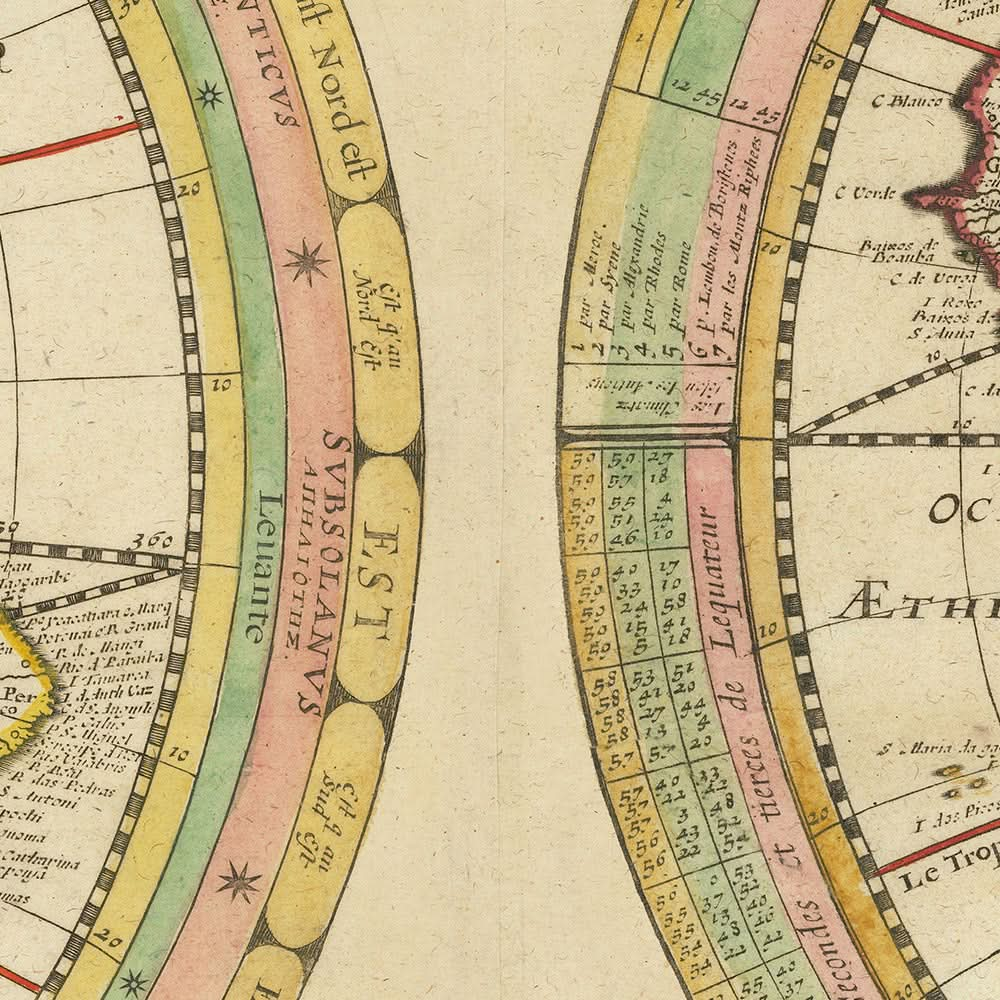 Alte Weltkarte der östlichen und westlichen Hemisphäre von Tavernier, 1661: Kalifornien als Insel, klassische Winde, konzentrisches Design