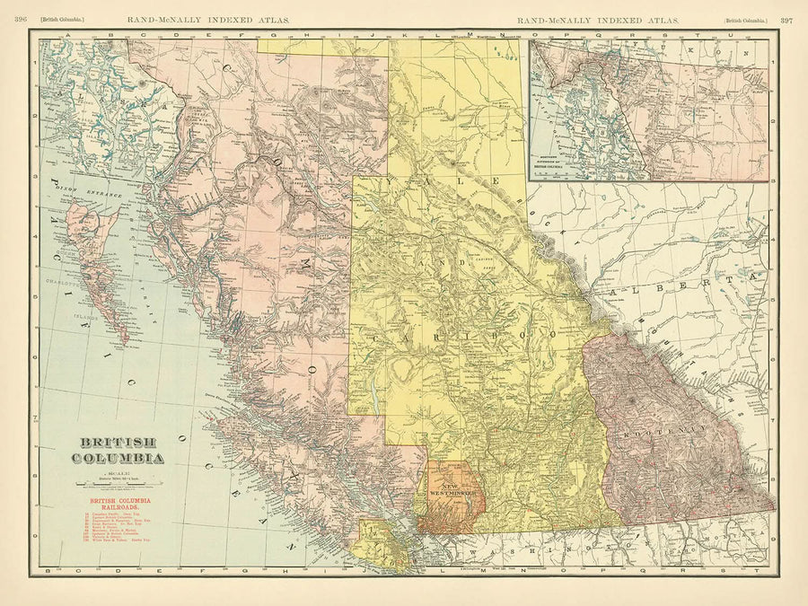 Mappa antica della Columbia Britannica, 1911: Vancouver, Victoria, insenature costiere, montagne, ferrovie 