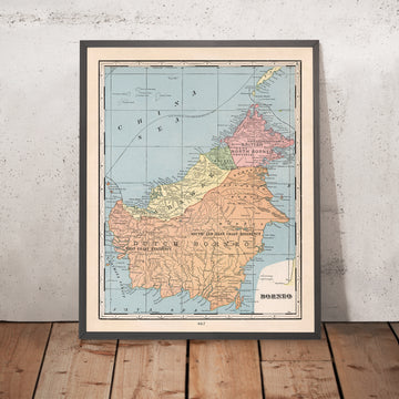 Antiguo mapa colonial de Borneo de Cram, 1901: Borneo del Norte Británico, Sarawak, fronteras neerlandesas, Kuching, Sandakan 