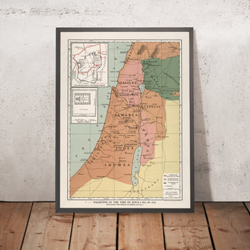 Old Map of Palestine in Jesus’ time by Foster, 1912: Jerusalem & Herod’s Temple insets; Jordan–Dead Sea; relief hachures