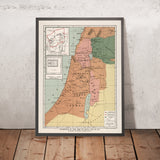 Mapa antiguo de Palestina en tiempos de Jesús, de Foster, 1912: recuadros de Jerusalén y del Templo de Herodes; Jordán–Mar Muerto; hachuras de relieve 