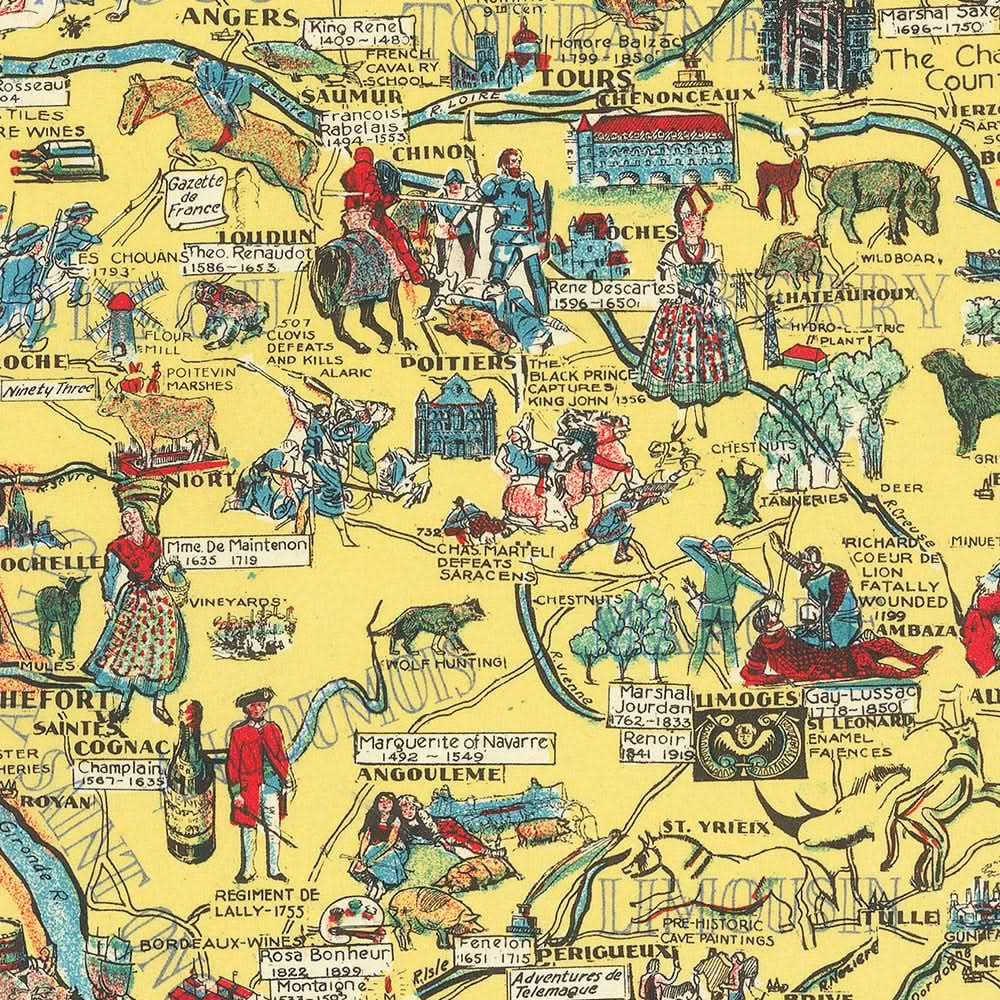 Old Historical Map of France, 1936: Stories, Battles, Landmarks, Famous People