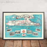 Antiguo mapa pictórico de la península de Long Beach, WA, de Mulvey, 1950: Ilwaco, Oysterville, Ocean Park, North Head, bahía de Willapa 