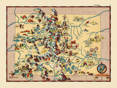 Pictorial Map of Colorado by Ruth Taylor White, 1935: Denver, Rocky Mountains, Pikes Peak, Mesa Verde, Great Sand Dunes