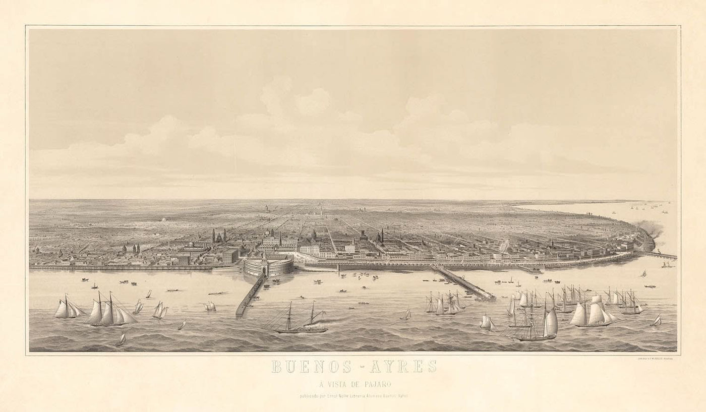 Old Bird's Eye Map of Buenos Aires by Dulin, 1880: Casa Rosada, Puerto Madero, Correo Central, Gabildo, Rio de la Plata