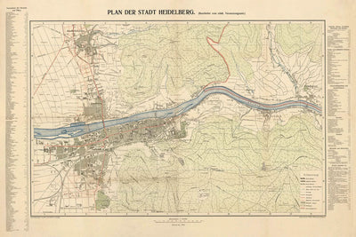 Old City Map of Heidelberg by Rübsamen, 1907: Castle, Neckar River, Neuenheim, Bergheim, Philosophenweg