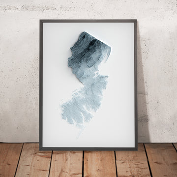 A framed image of a 3D style topographic relief map ofNew Jersey