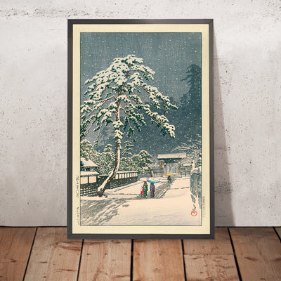 A framed image of Honmon Temple at Ikegami by Hasui Kawase, 1935