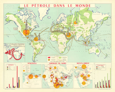 Old French World Map of the Global Petroleum Industry, 1958: Suez Crisis Impact, Oil Fields, Mid-Century Cartography