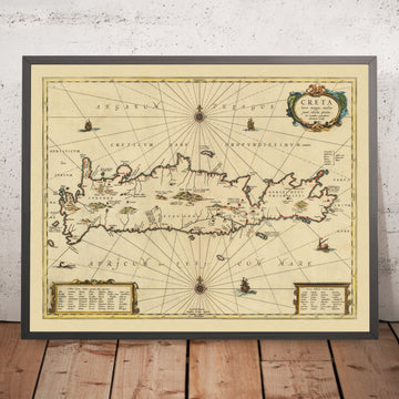 Old Map of Crete by Jansson, 1650: Cydonia, Knossos, Sea Monster, Maritime Vessels,