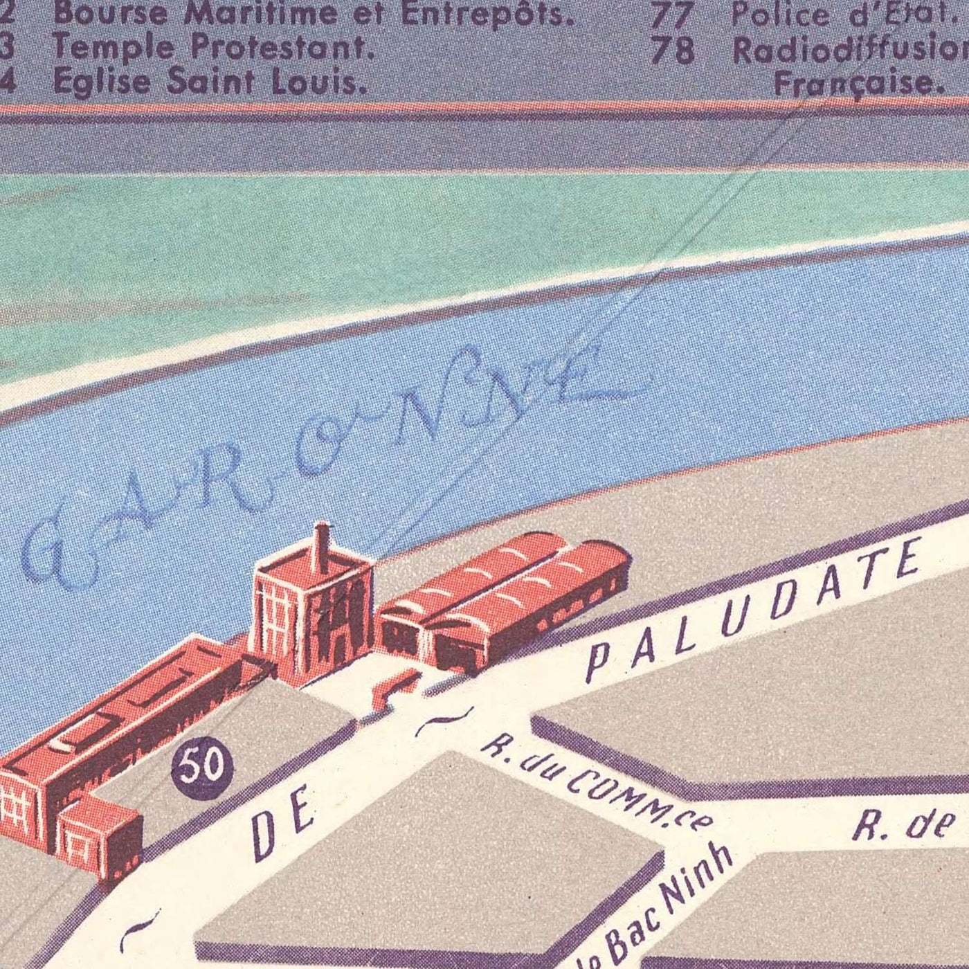 Old Map of Bordeaux, 1950: Place de la Comédie, Quinconces, Grand Théâtre, Pont de Pierre, Parc Bordelais