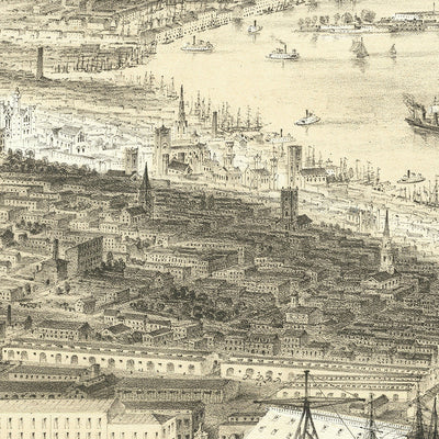 Old Bird’s-Eye Map of Brooklyn by Bornet, 1855: Naval Yard, Brooklyn Heights, DUMBO, Williamsburg, Lower Manhattan