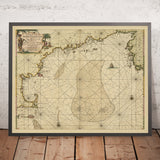 Ancienne carte nautique de la Nouvelle-Angleterre par van Keulen, 1695 : Cape Cod, Nantucket, Acadia (Nouvelle-Écosse) 