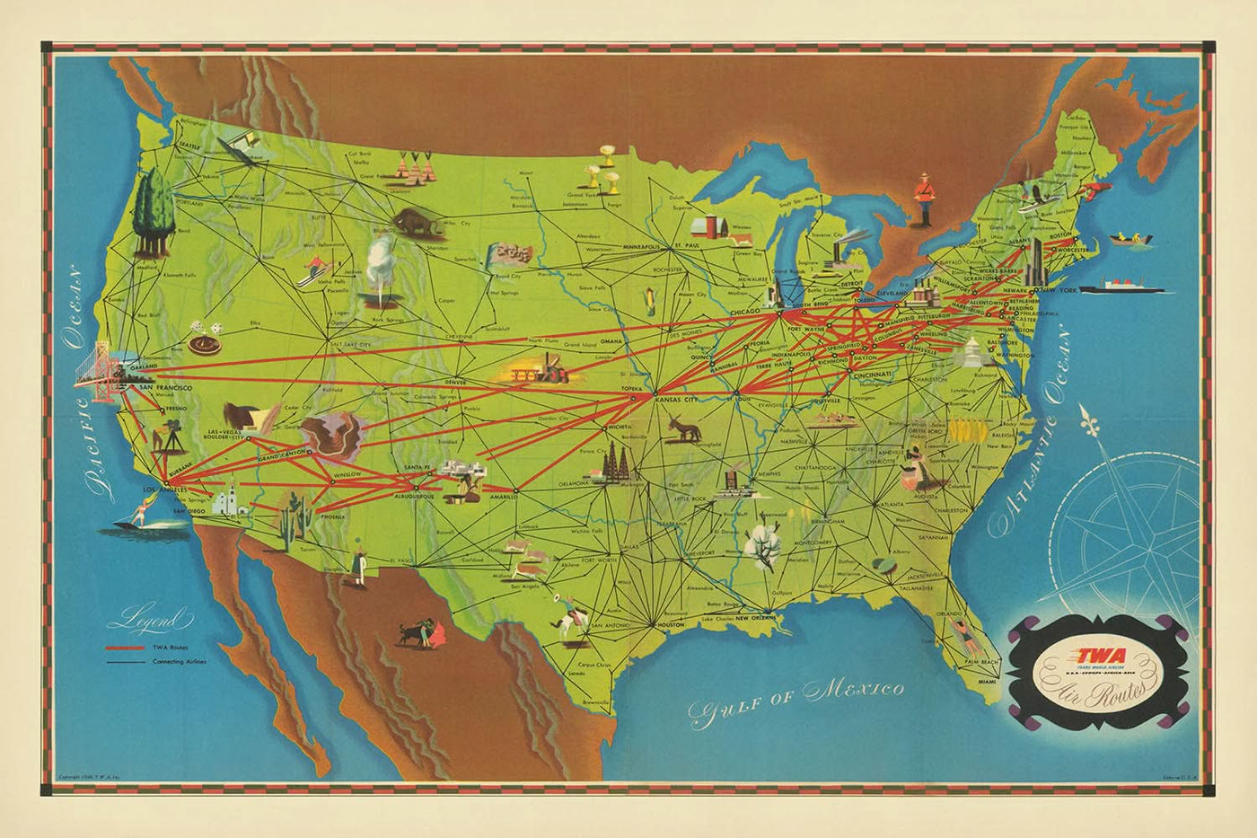 Old TWA Airline Map of United States, 1948: NYC, LA, Chicago, TWA Routes