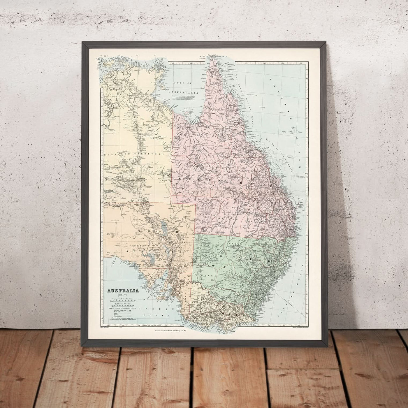 Alte Karte von Ostaustralien von Stanford, 1887: Sydney, Melbourne, Brisbane, Great Dividing Range, Eisenbahnen