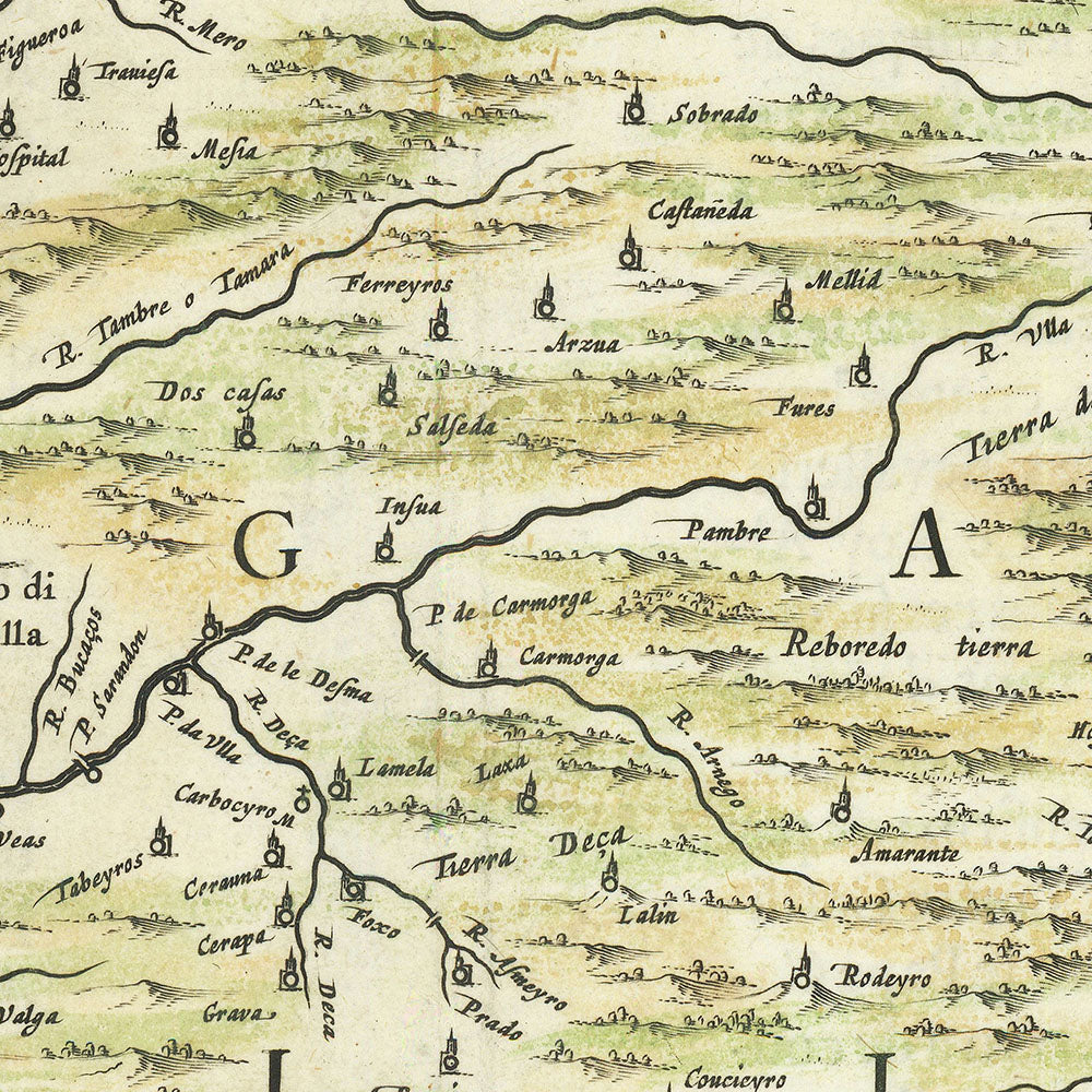 Old Map of Galicia, Spain by Blaeu, 1640: Santiago, Corunna, Vigo, Neptune, Sea Monster