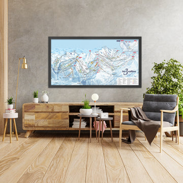 A framed image of 3 Valleys, France in the style of a simple and modern golf course map