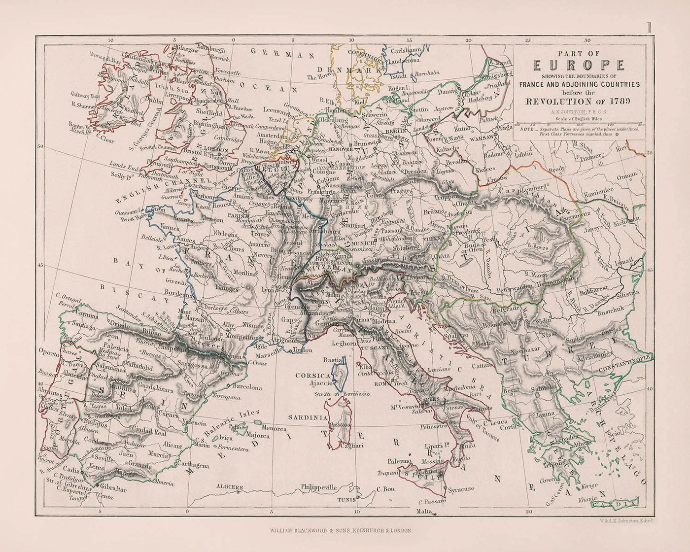 Ancienne carte de l'Europe pré-révolutionnaire par Johnston, 1789 : Paris, Rome, Vienne, frontières militaires