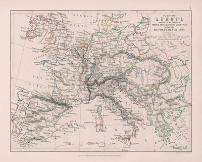 Ancienne carte de l'Europe pré-révolutionnaire par Johnston, 1789 : Paris, Rome, Vienne, frontières militaires