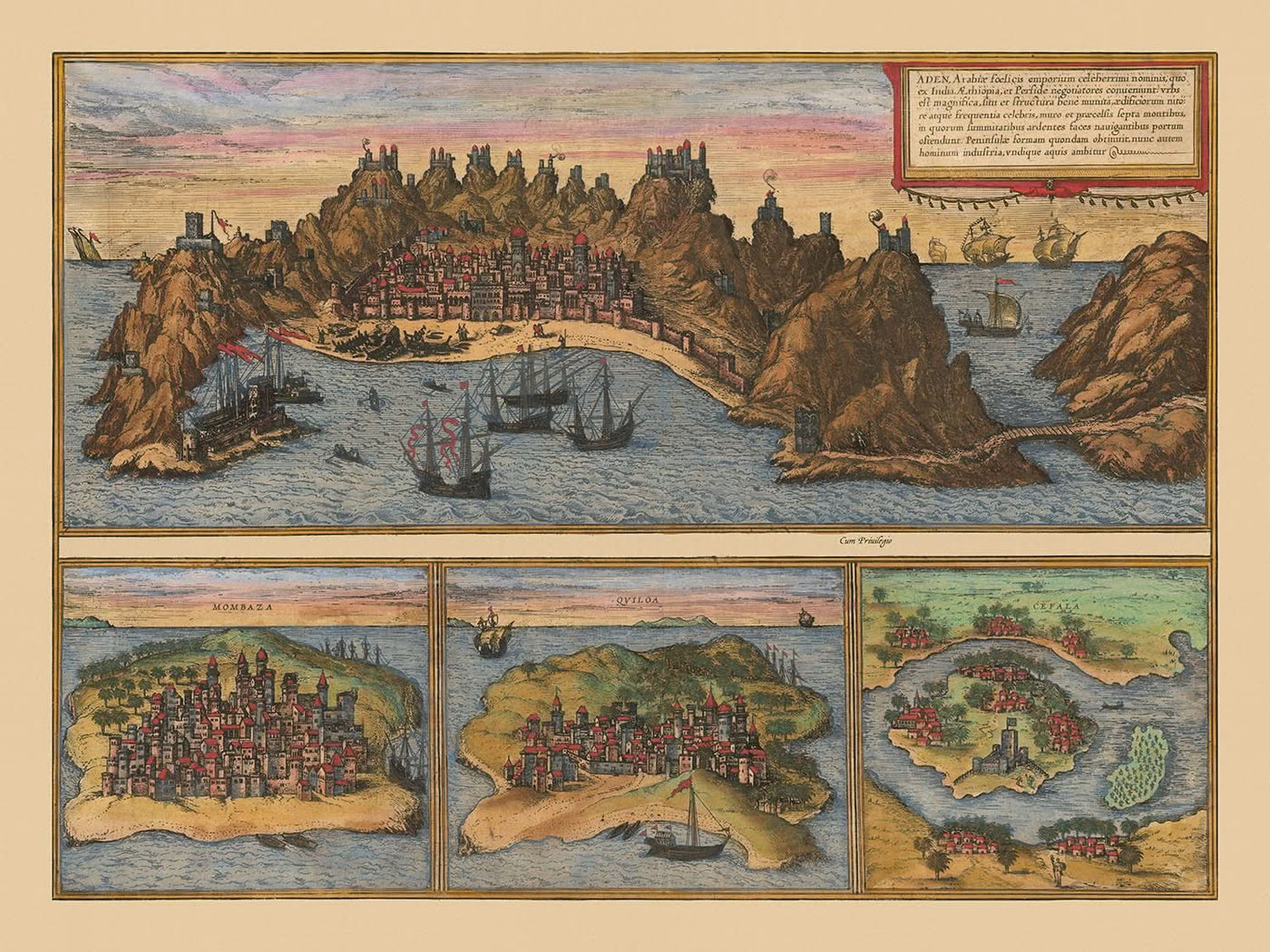 Alte Bildkarte von Aden von Braun & Hogenberg, 1572: Befestigungen, Häfen, Schiffe, Mombasa, Kilwa