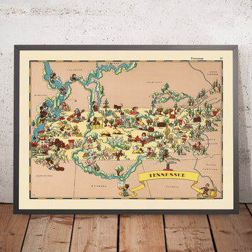 Pictorial Map of Tennessee by Ruth Taylor White, 1935: Memphis, Nashville, Smoky Mountains, Mississippi & Tennessee Rivers, Musical Heritage