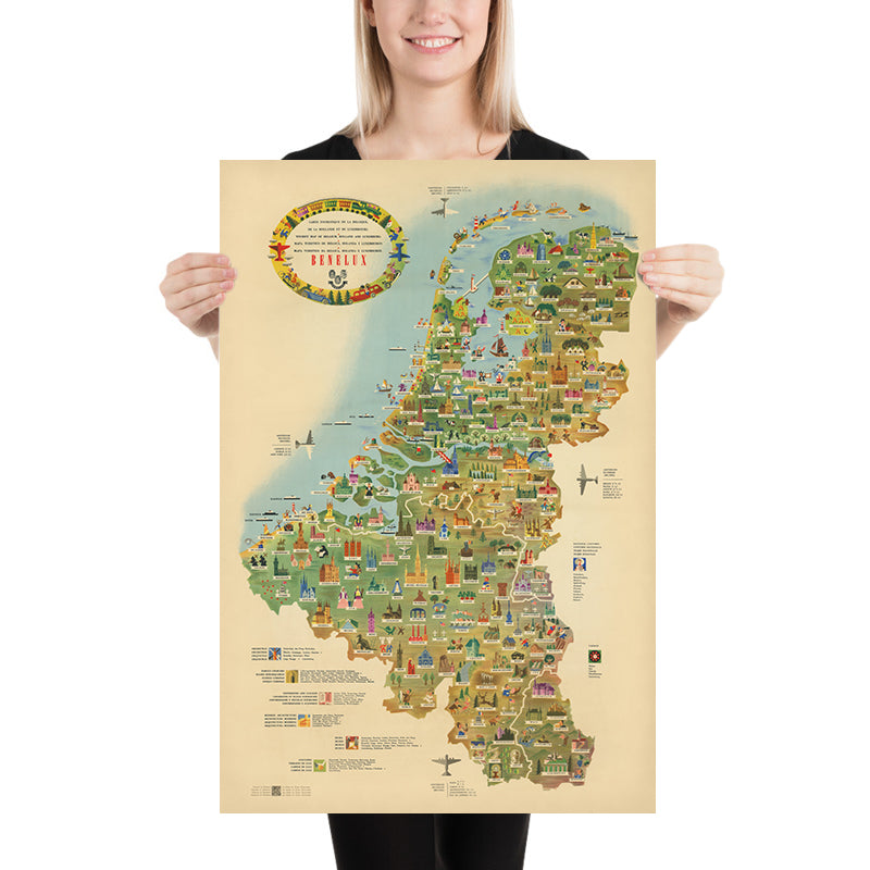 Old Pictorial Tourist Map of Benelux, 1950: Post-WW2 Optimism, Brussels, Amsterdam, Rhine, Windmills