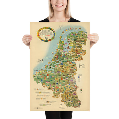 Old Pictorial Tourist Map of Benelux, 1950: Post-WW2 Optimism, Brussels, Amsterdam, Rhine, Windmills