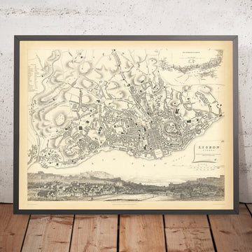 Mappa antica di Lisbona, 1833: São Jorge, Praça do Comércio, Bairro Alto, Alfama, fiume Tago 