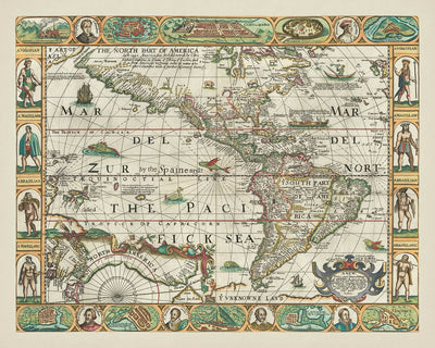 Alte Karte von Amerika von Walton, 1658: Kalifornien als Insel, mythische Meerenge, Carte-à-Figures-Stil