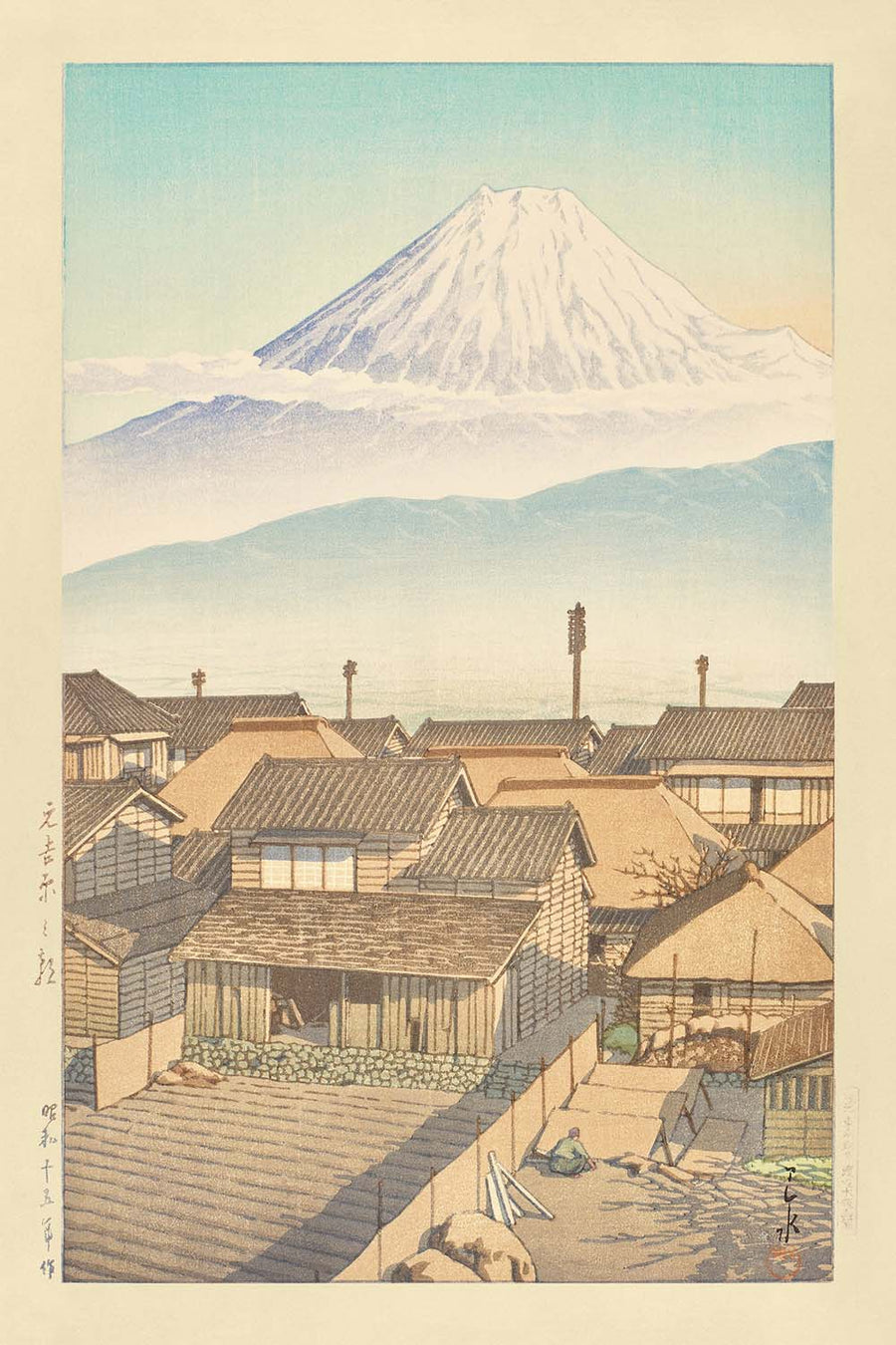 Matin à Motoyoshiwara avec le Mont Fuji par Hasui Kawase 1935 